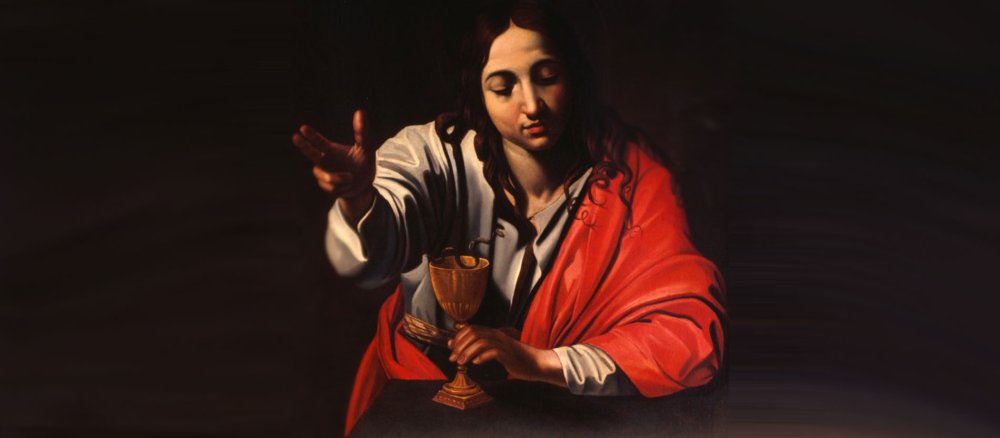 Ein italienisches Gemälde aus dem 17. Jahrhundert zeigt den Evangelisten Johannes, wie er einen Becher mit vergiftetem Wein segnet.