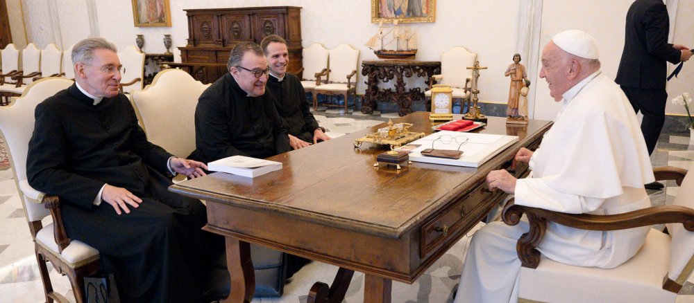 Pope Francis receives Prior General Gilles Wach (m), Vicar General Rudolf Michael Schmitz (l) and the French Provincial Louis Valadier (r) in an audience