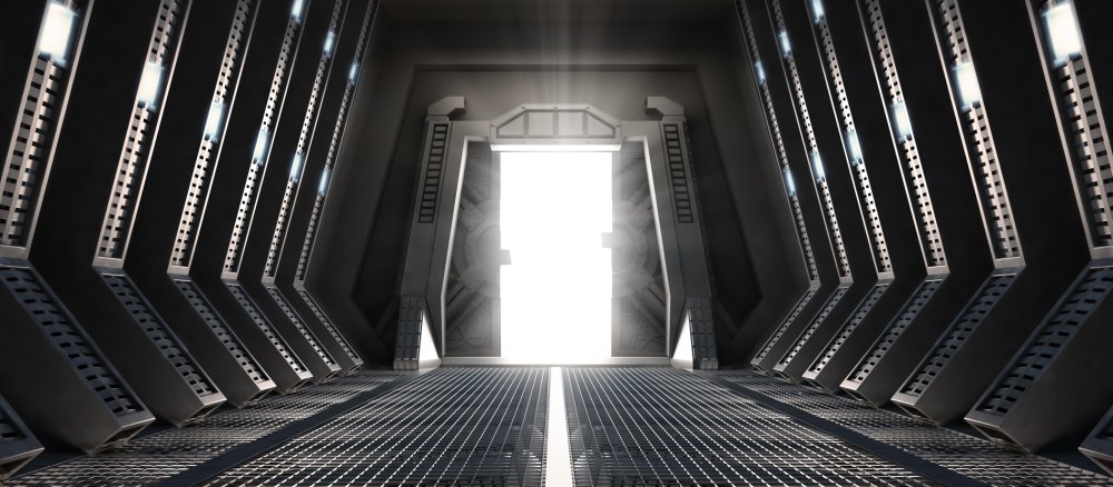 Eine Darstellung einer geöffneten Tür eines fiktiven Raumschiffes