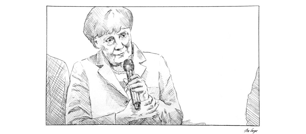 Bleistiftskizze: Angela Merkel mit Mikrofon