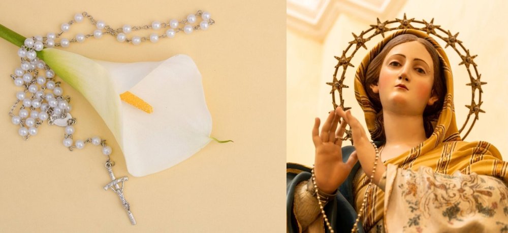 Rosenkranzmadonna neben Lilie mit Rosenkranz