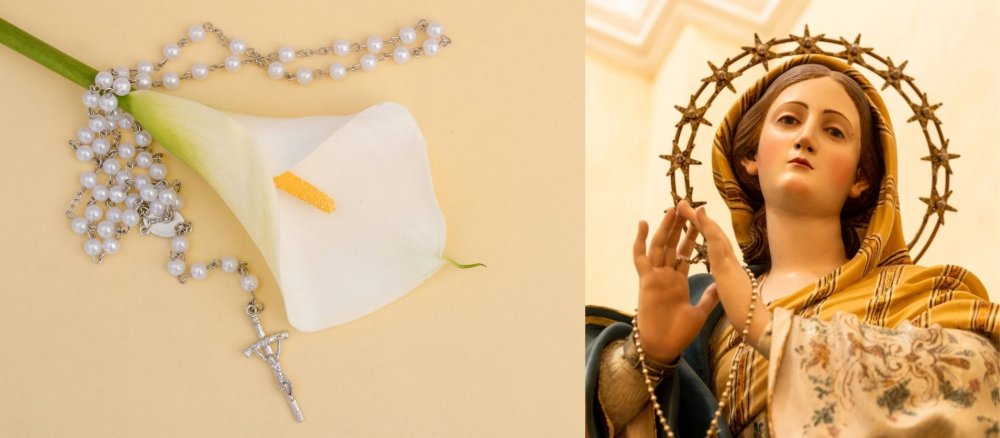 Rosenkranzmadonna neben Lilie mit Rosenkranz