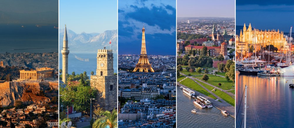 Ausschnitte aus den Panoramen von Athen, Antalya, Paris, Krakau und Palma.