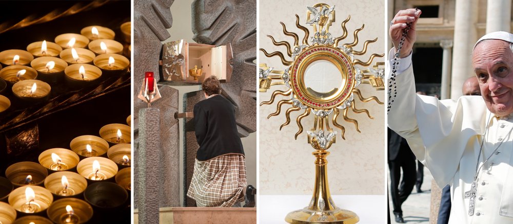 Fotocollage mit typisch katholischen Dingen wie einer Monstranz, Papst Franziskus und einem Rosenkranz