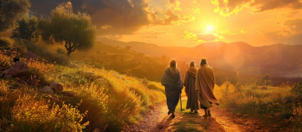 Drei Männer in biblischer Kleidung gehen bei Sonnenuntergang auf einem Feldweg durch eine malerische Landschaft mit blühenden Wiesen und Olivenbäumen – symbolische Darstellung des Wegs nach Emmaus.