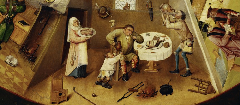 Die Todsünde der Völlerei in einem Gemälde von Hieronymus Bosch.