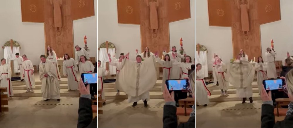 Ein Pfarrer tanzt im Ostergottesdienst mit den Ministranten