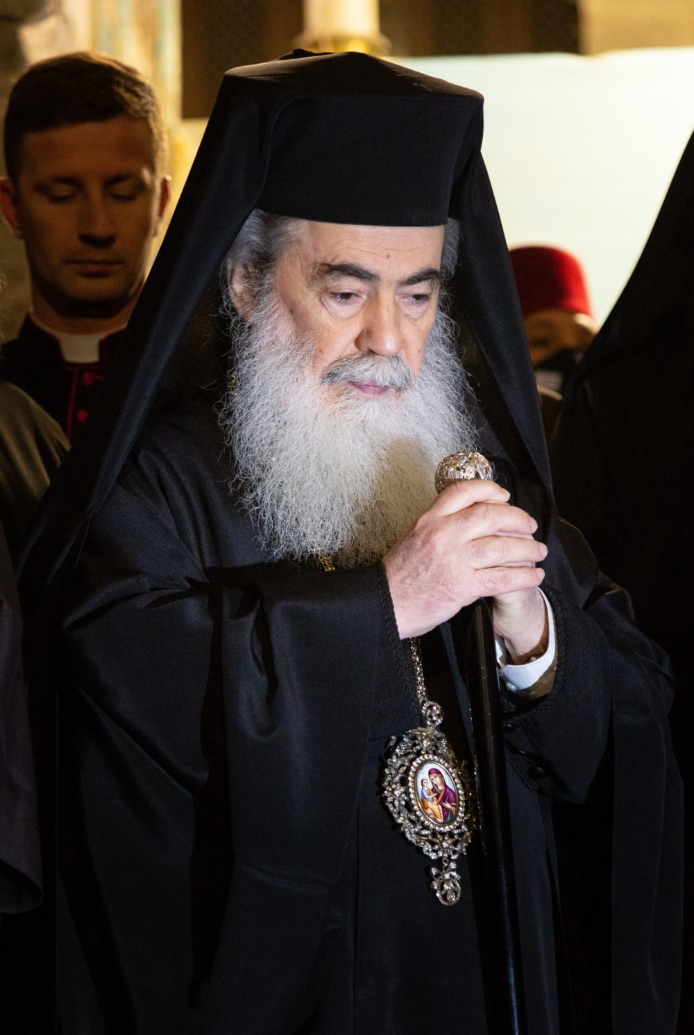 Theophilos III., griechisch-orthodoxer Patriarch von Jerusalem, am 14. März 2022 in der Grabeskirche in Jerusalem.