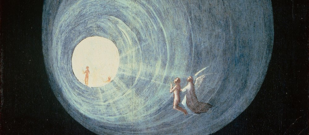 Auf einem Gemälde geleitet ein Engel einen Menschen ins paradiesische Licht
