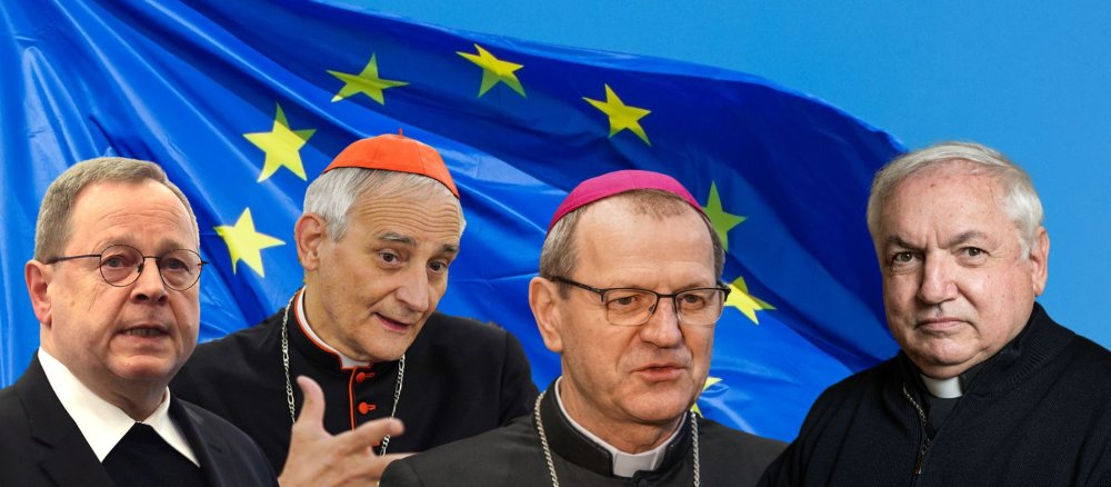 Bischof Georg Bätzing, Kardinal Matteo Zuppi, Erzbischof Tadeusz Wojda und Kardinal Jean-Marc Aveline (v.l.n.r.) vor der EU-Flagge