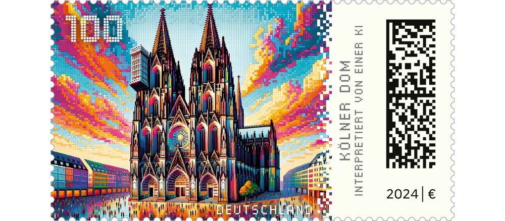 Die neue Krypto-Briefmarke der Deutschen Post zeigt den Kölner Dom, interpretiert von einer KI