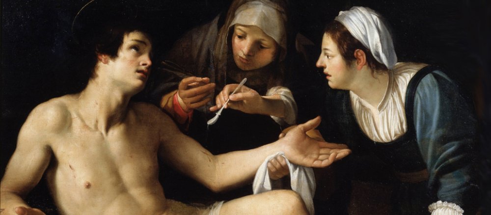 Die christliche Witwe Irene und ihre Magd pflegen den heiligen Sebastian