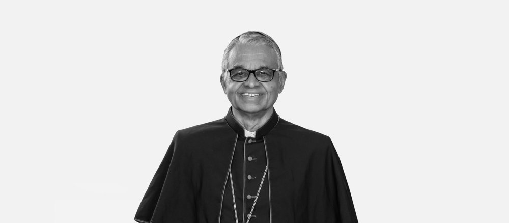 Portrait photo of Bishop Anthony Pascal Rebello in black and white