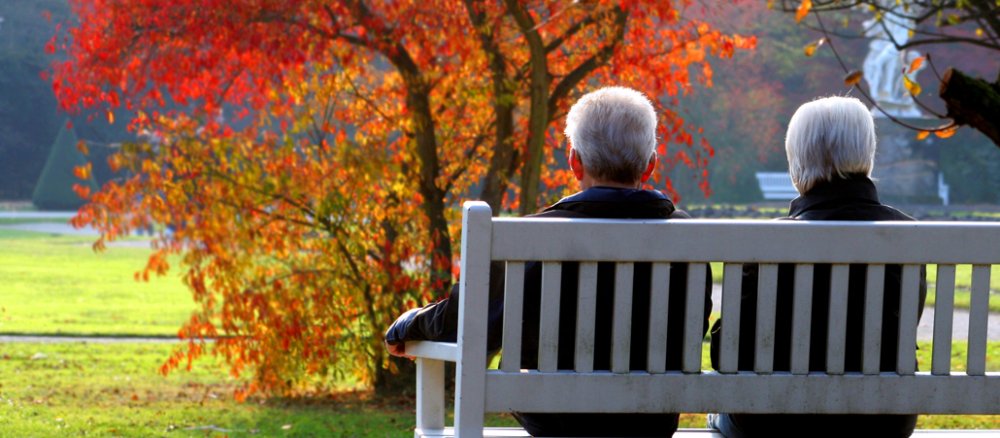 Zwei Senioren genießen auf einer Bank die herbstlich gefärbte Parklandschaft.
