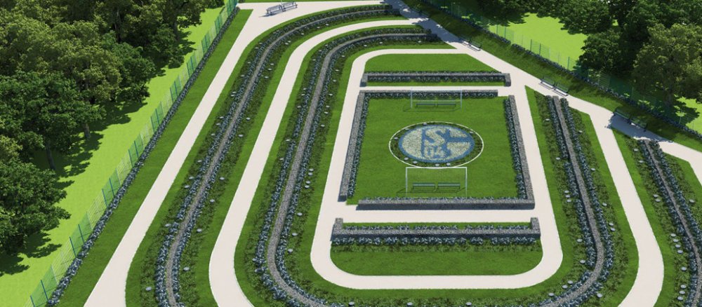 Ein Blick von oben auf den Schalke-Fan-Friedhof in Gelsenkirchen.