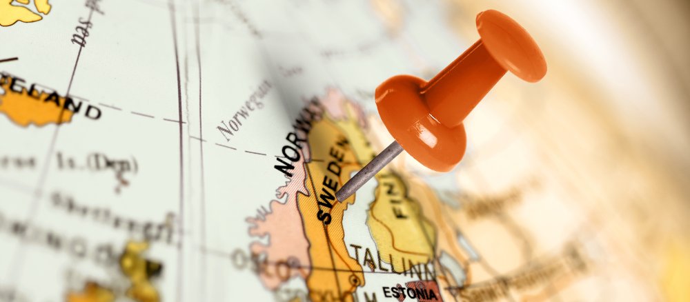 Schweden auf der Landkarte, markiert mit einem roten Pinn.