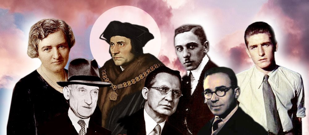 Oben v.l.n.r.: Hildegard Burjan, Thomas Morus, Nikolaus Groß, Alberto Marvelli. Unten v.l.n.r.: Robert Schuman, Alcide de Gasperi, Giorgio La Pira.