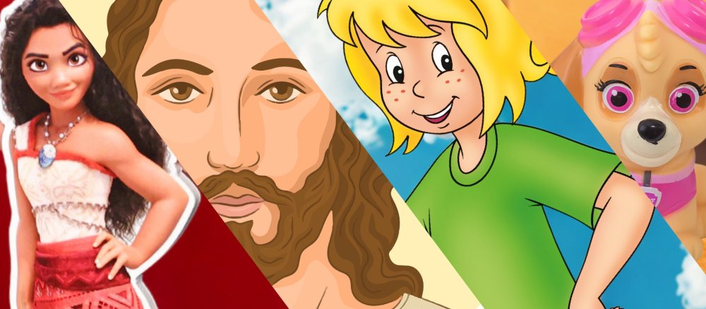 Collage mit animierten Kinderhelden: Vaiana (Moana), Jesus, Bibi Blocksberg und Skye von Paw Patrol
