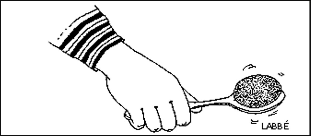 Gezeichnete Hand hält Ei auf Löffel. (Zeichnung)