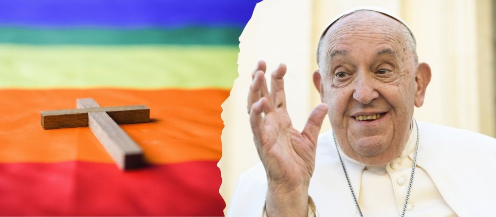 Montag mit einem Kreuz auf einer Regenbogenfahne und dem verstorbenen Papst Franziskus