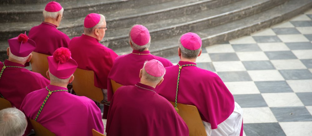Bischöfe sitzen in mehreren Reihen hintereinander in der Hofkirche in Dresden. Anlass ist die Einführung Heiner Kochs als neuer Dresdner Bischof.