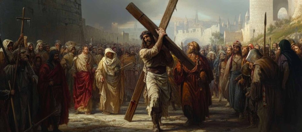 Jesus trägt das Kreuz in Menschenmenge