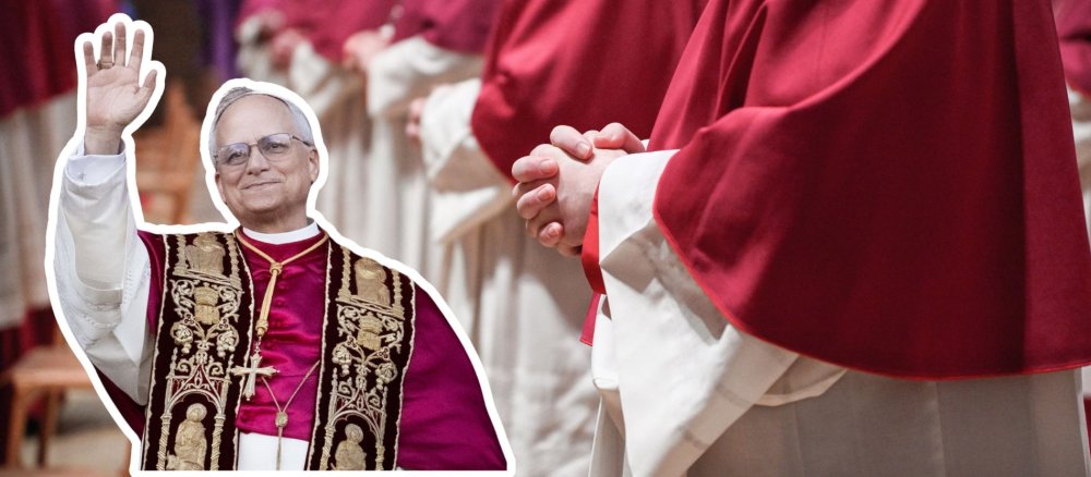Montage aus betenden Händen von Bischöfen und einem Bild von Papst Leo XIV.