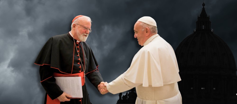 Pope Francis and Cardinal O'Malley in front of dark clouds