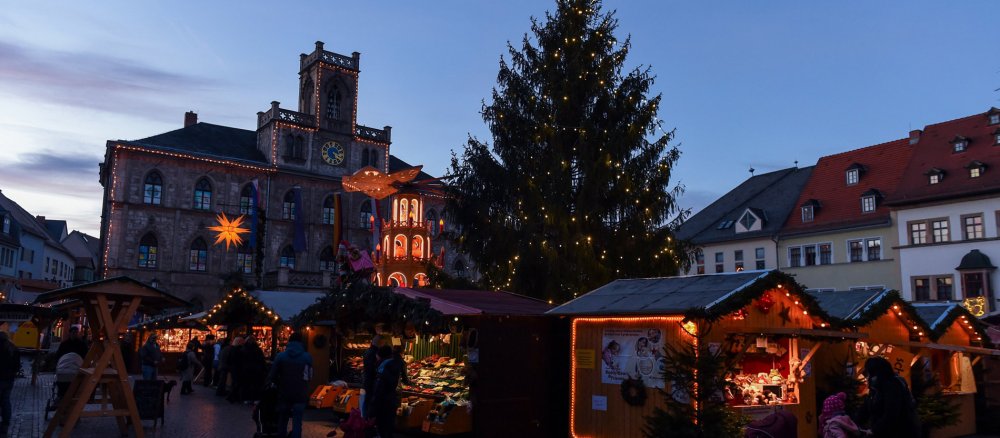 A Christmas tree at a Christmas market.