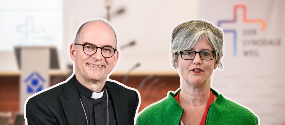 Die Vorsitzenden der Evaluationskommission des Synodalen Ausschusses: Bischof Franz Jung und Birgit Mock