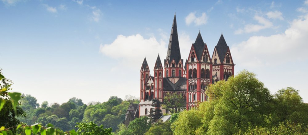 Limburger Dom über grünen Baumwipfeln und unter blauem Himmel