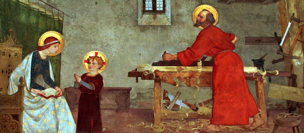 Gemälde mit Josef am Schreinertisch, Maria und Jesus gucken zu