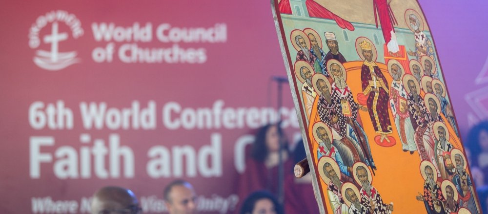 Ikone zeigt das Konzil von Nizäa bei einer Weltkirchenkonferenz
