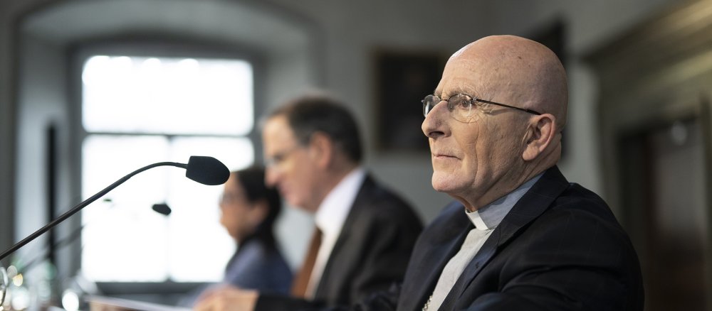 The Bishop of Chur, Joseph Bonnemain, at a press conference.