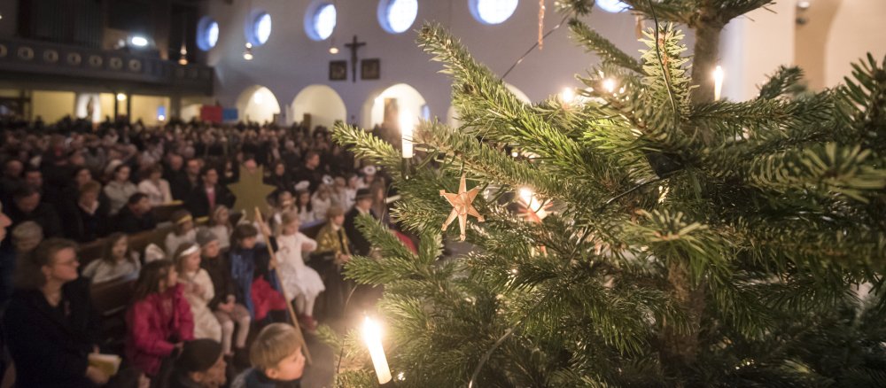 Eine gefüllte Kirche im Vordergrund ein Weihnachtsbaum