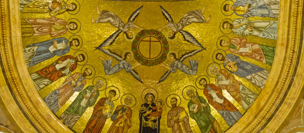 Ceiling view of the church of Santa Maria della Pace in Rome with Opus Dei symbol