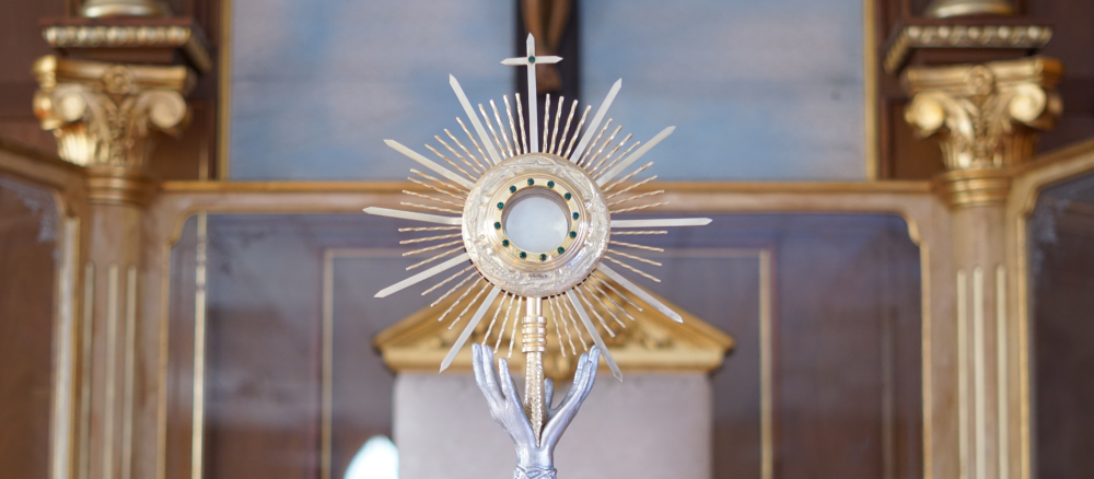 A monstrance stands in a church