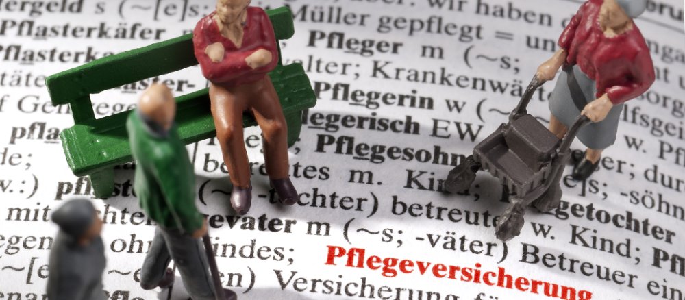 Wörterbuchseite mit Stichwort Pflegeversicherung und Figuren.