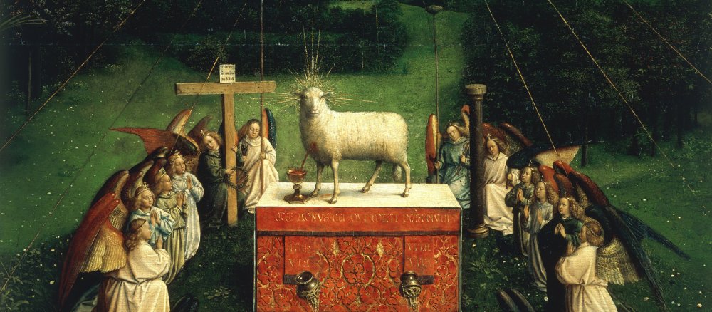 Das Lamm Gottes steht auf einem Altar, während Engel es anbeten.