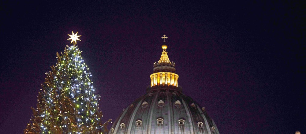Zu sehen sind die Spitze des Baumes und Kuppels des Petersdoms.