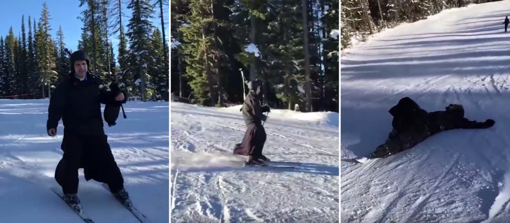 Pater Daniel Nolan FSSP sammelt mit seinem Dudelsack auf der Skipiste Spenden für den Bau einer neuen Pfarrkirche.