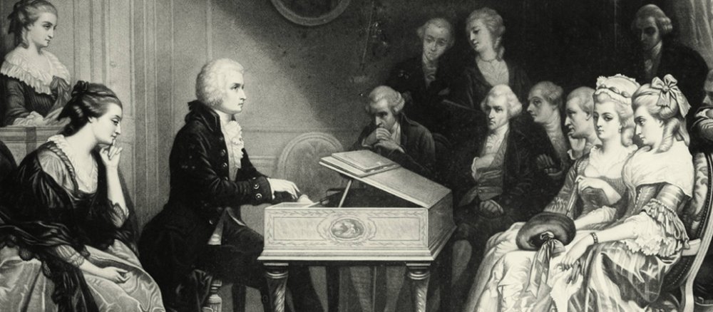 Mozart trägt vor seinen Wiener Freunden zum ersten Mal die Musik seiner neuen Oper Don Giovanni vor.