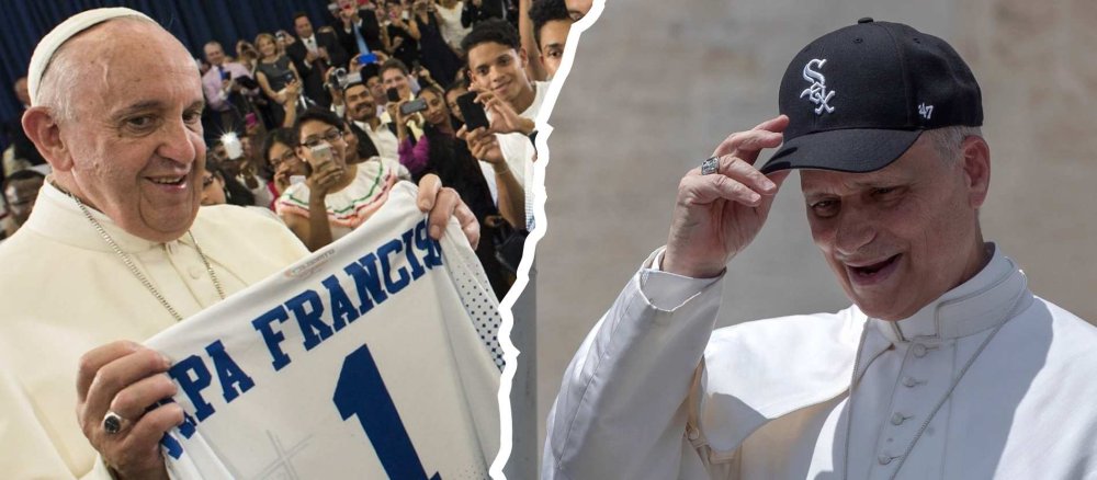 Papst Franziskus mit Trikot, Papst Leo mit einer Kappe der Chicago White Sox
