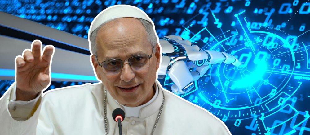 Papst Leo XVI. vor eine Roboterhand montiert, die einen Touchscreen bedient
