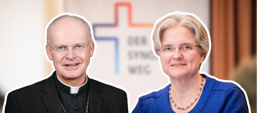Bildmontage aus Bischof Franz-Josef und Charlotte Kreuter-Kirchhof vor Synodaler-Weg-Hintergrund