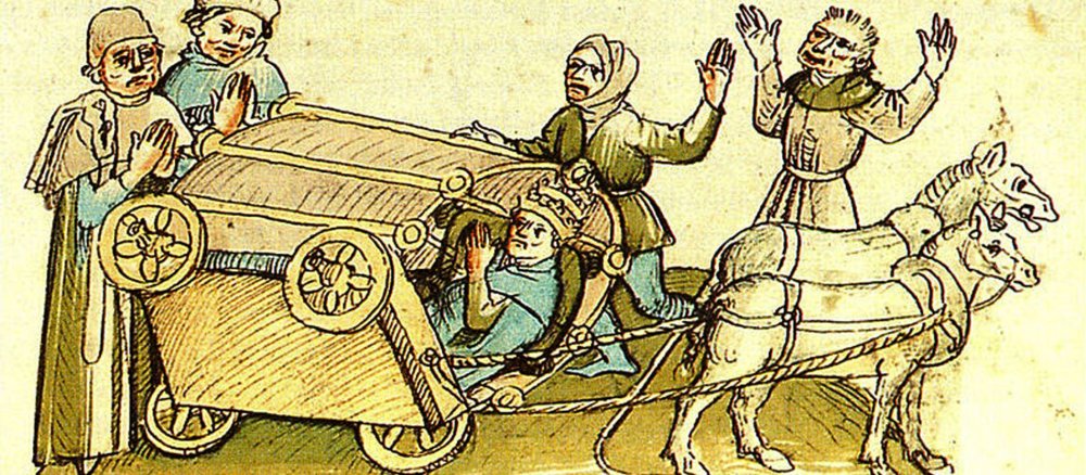 Zeichnung von Papst Johannes XXIII. (Gegenpapst) bei seinem Sturz mit der Kutsche auf der Fahrt zum Konstanzer Konzil.