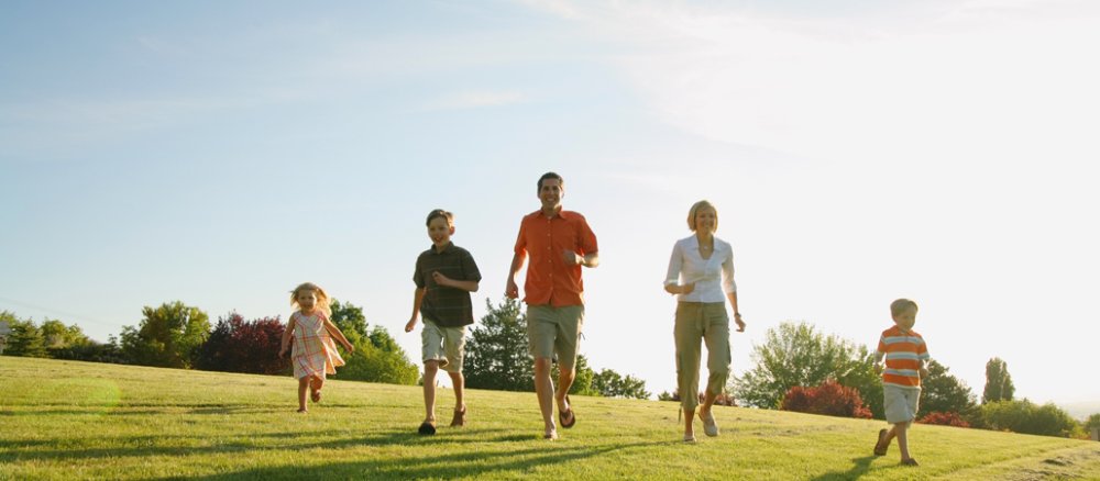 A family walks on a meadow.