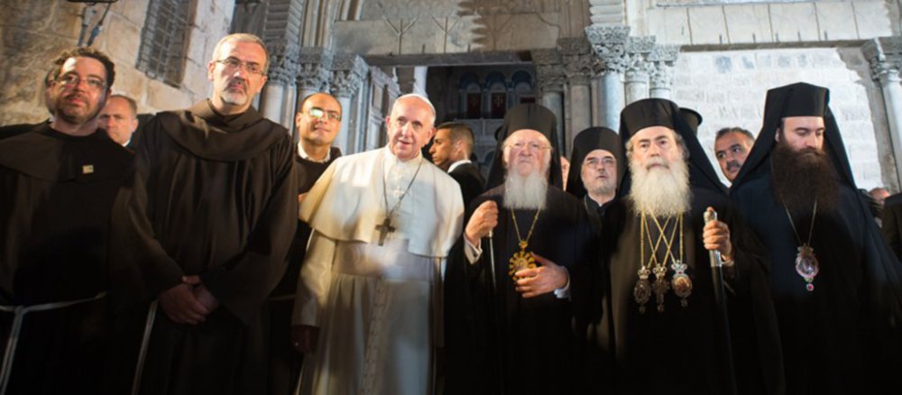 Pope Francis and Patriarch Bartholomew I of Constantinople visit the Church of the Holy Sepulchre in Jerusalem together.