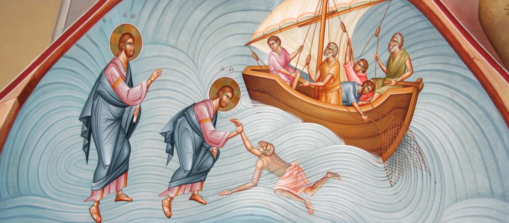 Jesus rettet Petrus auf dem Wasser.