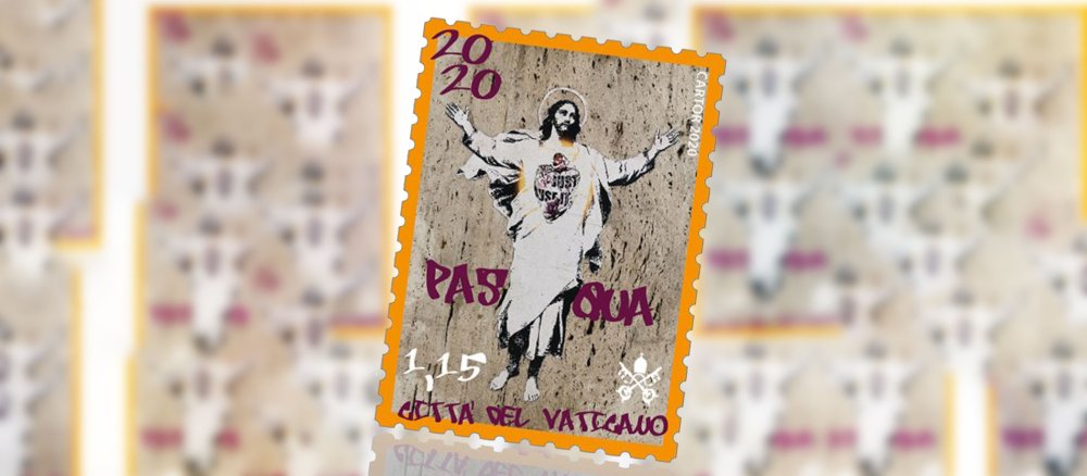 Die Osterbriefmarke 2020 des Vatikans zeigt eine Streetart-Darstellung von Jesus mit großem Herzen.
